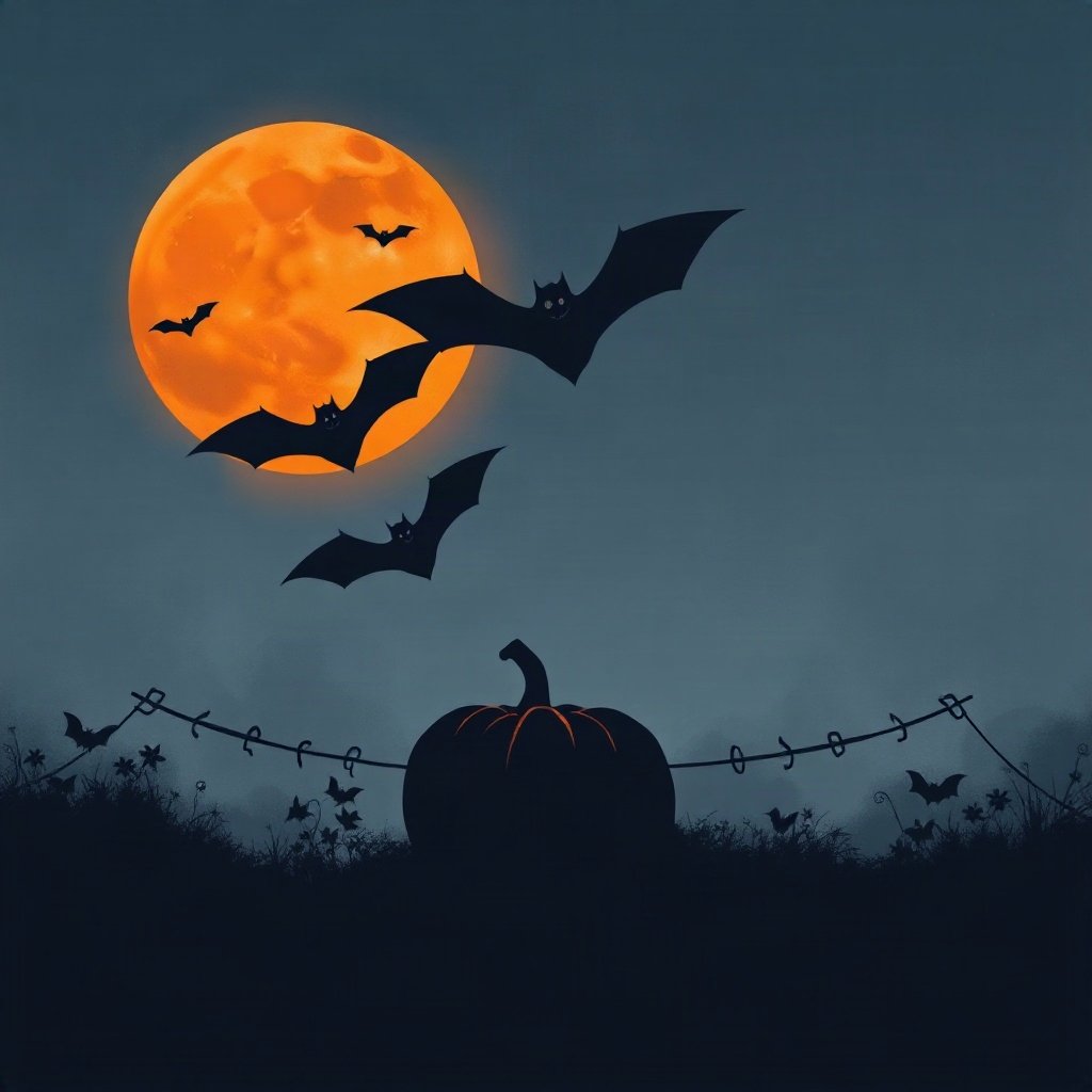 halloween pfp — bat silhouettes against orange moon, moody digital painting, dusk blue and pumpkin orange
