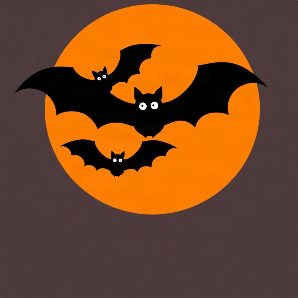 halloween pfp — bat silhouettes against orange moon, flat spooky-cute cartoon, monochrome with orange accent