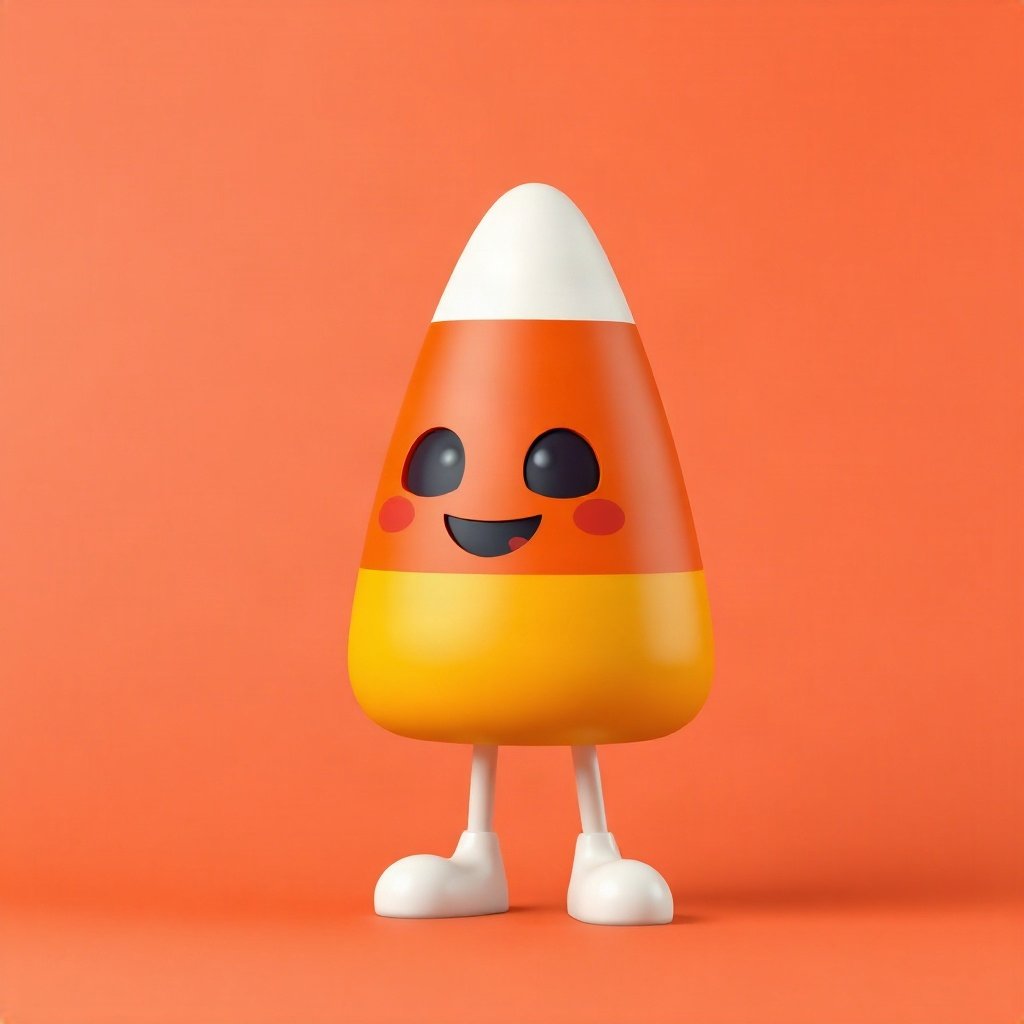 halloween pfp — candy corn pattern character, soft 3d render, orange and deep purple palette