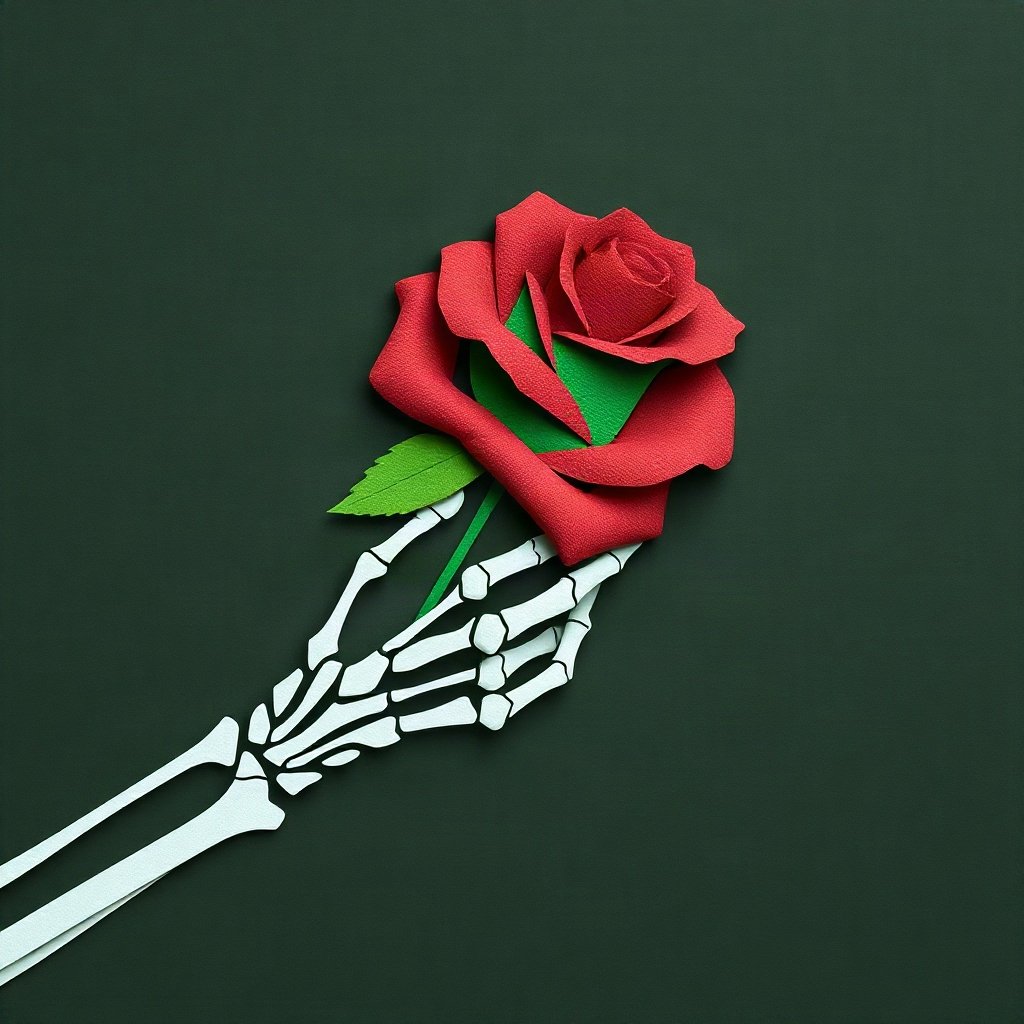 halloween pfp — skeleton hand holding a rose, paper-cut layered art style, black and toxic green