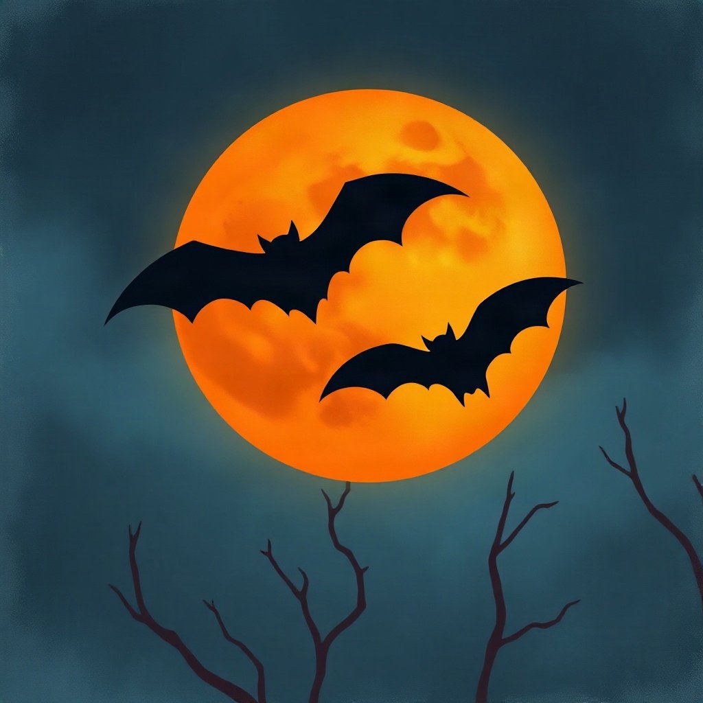 halloween pfp — bat silhouettes against orange moon, moody digital painting, dusk blue and pumpkin orange