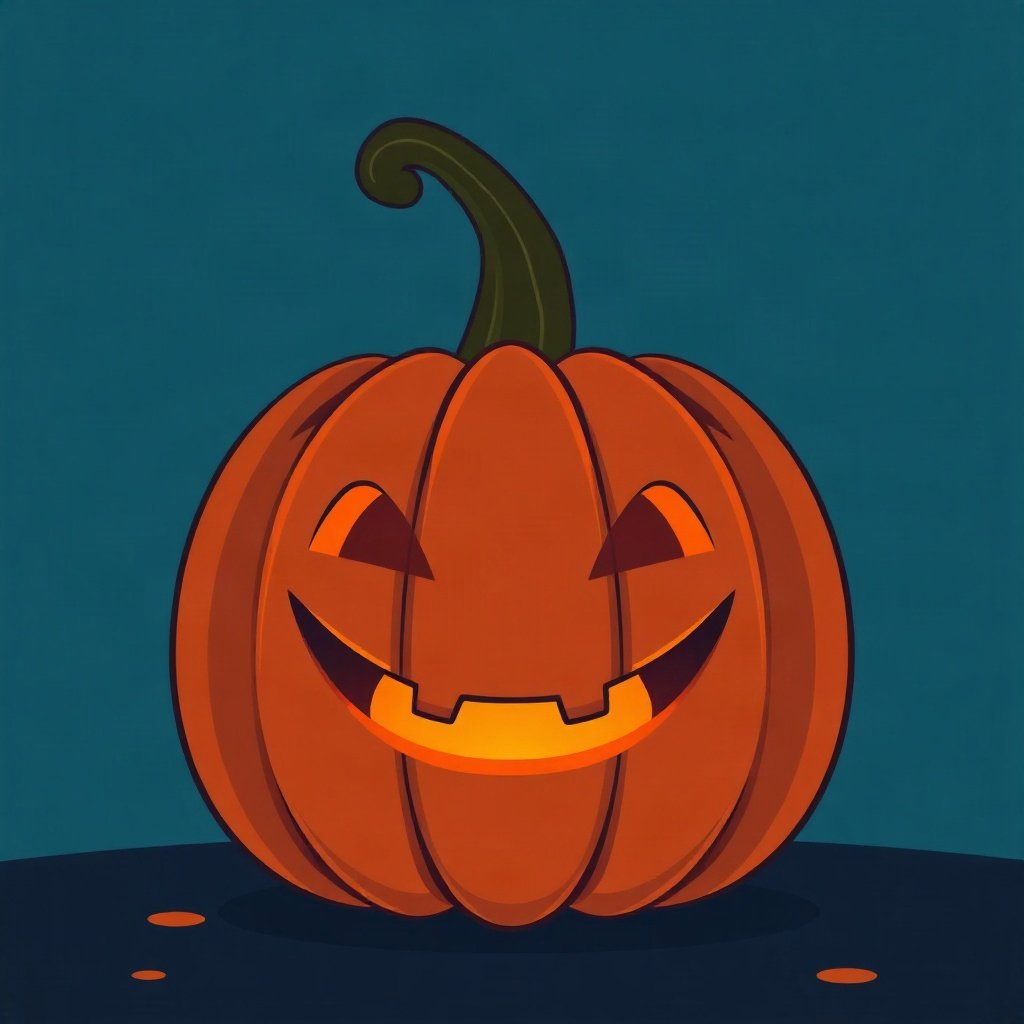 halloween pfp — cute carved pumpkin with glowing grin, flat spooky-cute cartoon, dusk blue and pumpkin orange