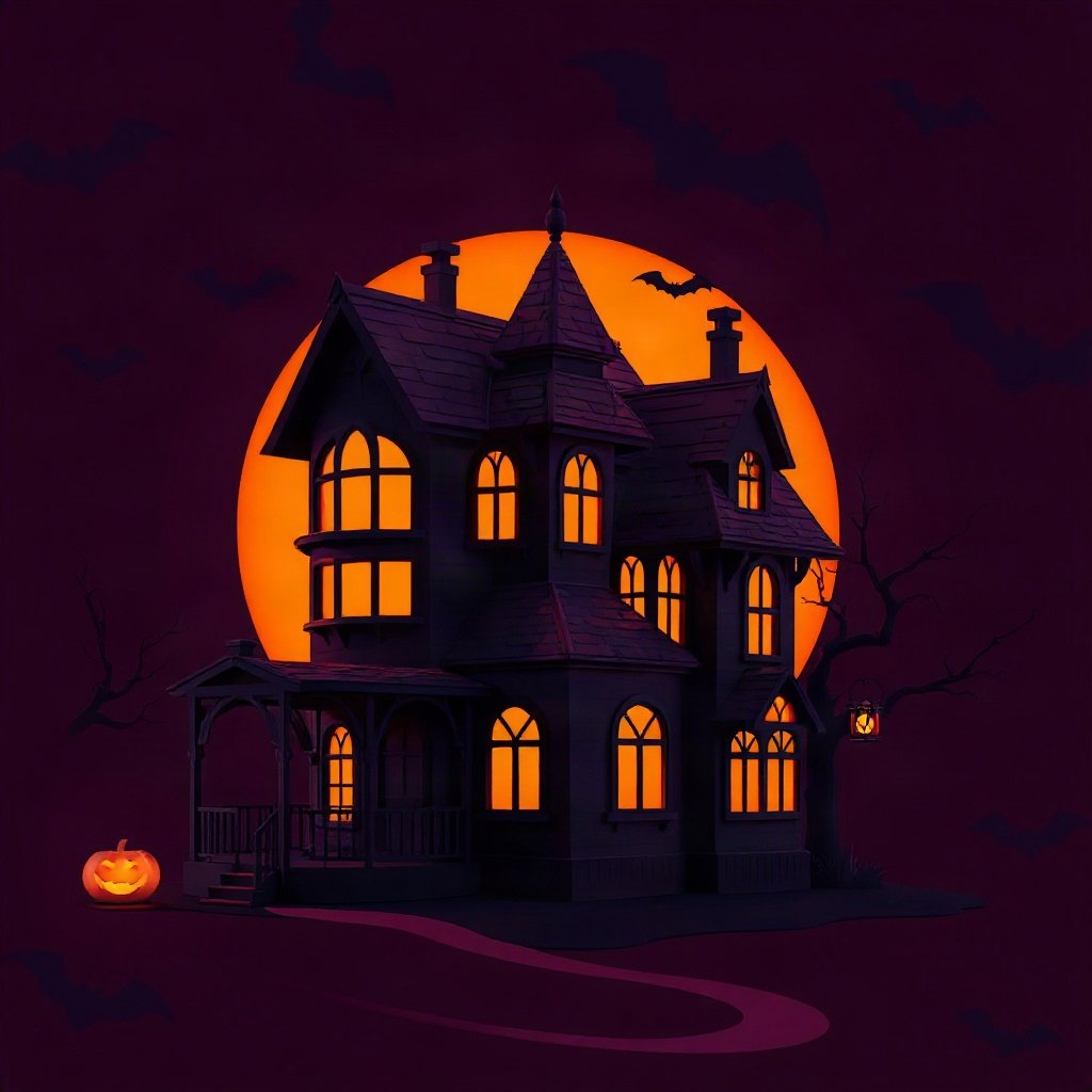 halloween pfp — spooky haunted house silhouette, soft 3d render, orange and deep purple palette