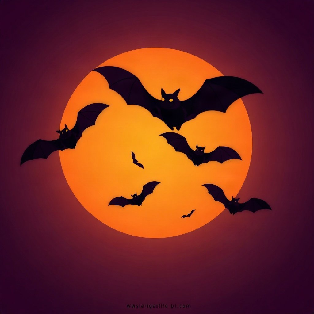 halloween pfp — bat silhouettes against orange moon, soft 3d render, orange and deep purple palette