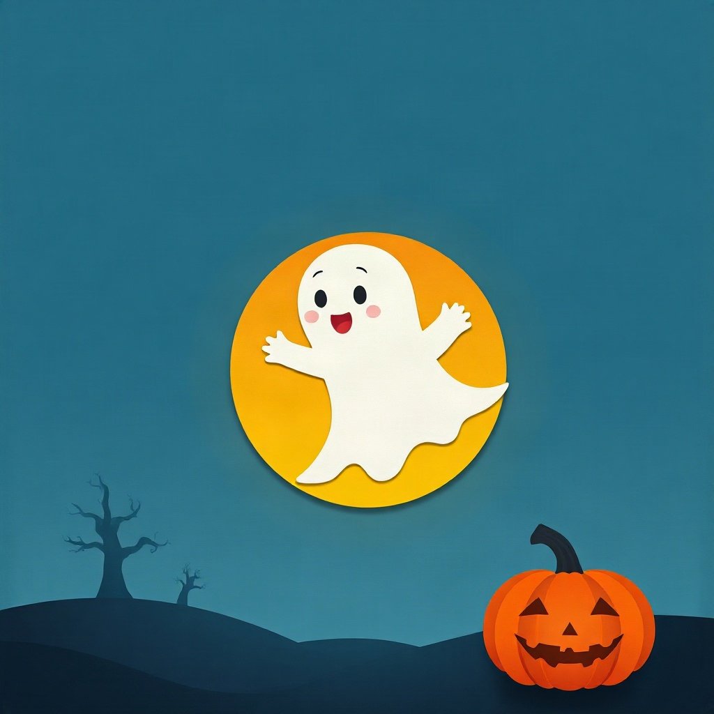 halloween pfp — friendly little ghost floating, paper-cut layered art style, dusk blue and pumpkin orange