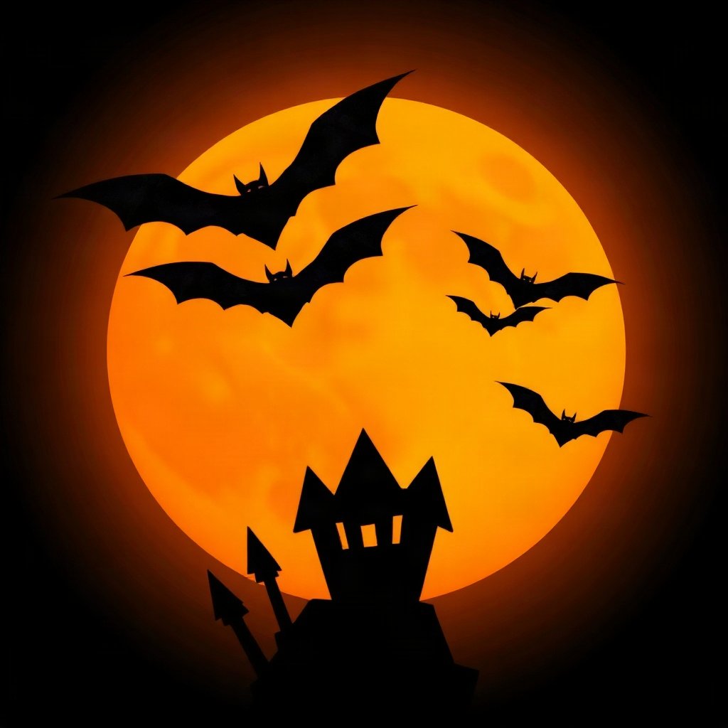 halloween pfp — bat silhouettes against orange moon, soft 3d render, monochrome with orange accent