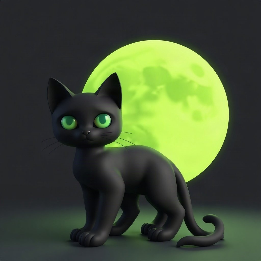 halloween pfp — black cat with big moon behind, soft 3d render, black and toxic green