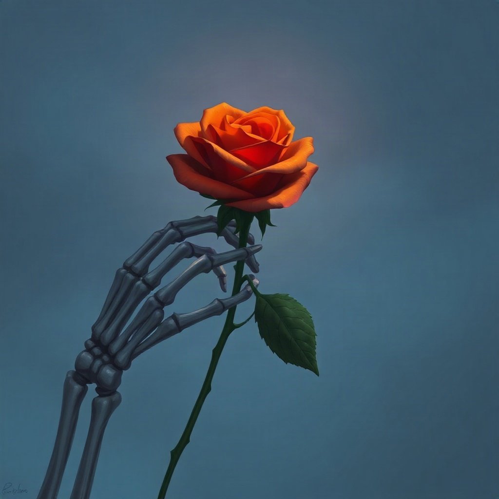 halloween pfp — skeleton hand holding a rose, moody digital painting, dusk blue and pumpkin orange