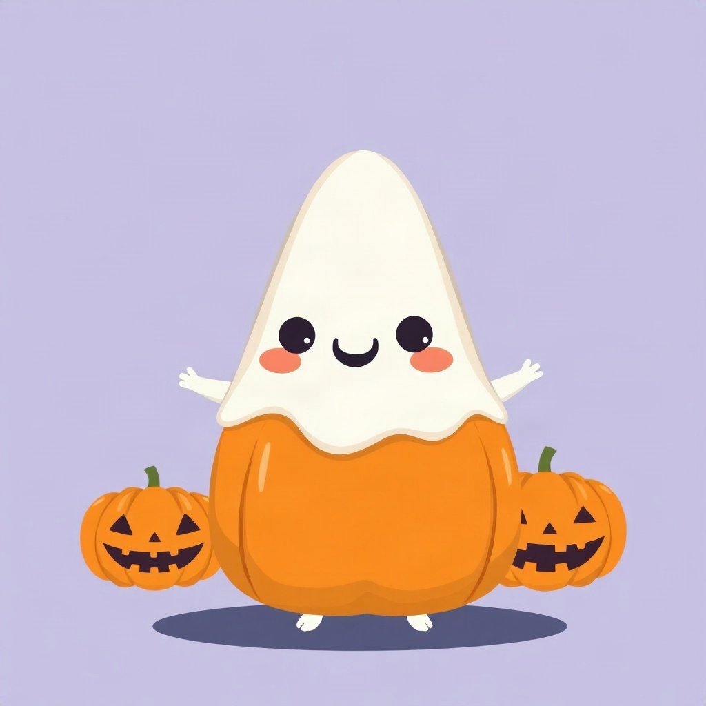 halloween pfp — candy corn pattern character, flat spooky-cute cartoon, dusk blue and pumpkin orange
