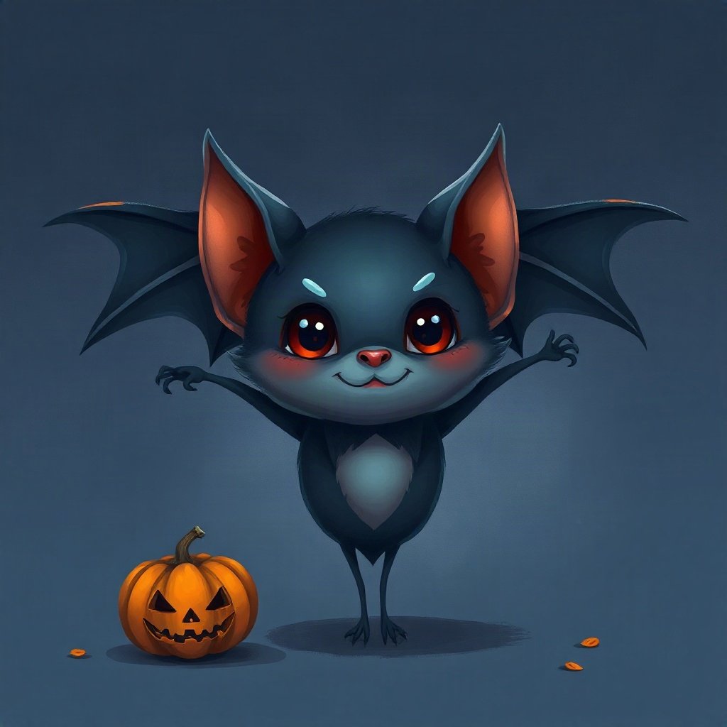 halloween pfp — cute vampire bat character, moody digital painting, dusk blue and pumpkin orange