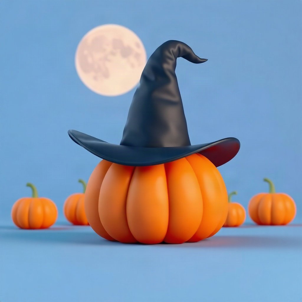 halloween pfp — witch hat on a pumpkin, soft 3d render, dusk blue and pumpkin orange