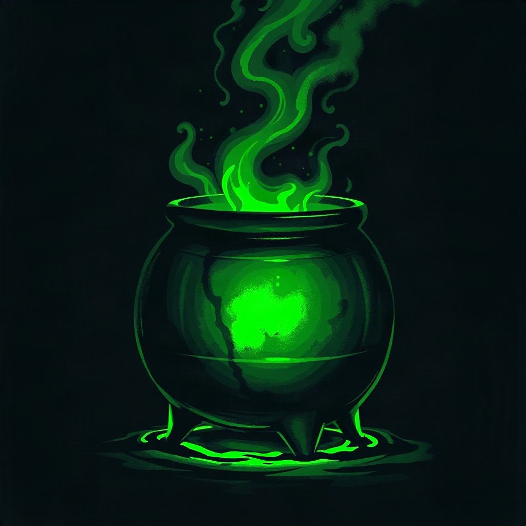halloween pfp — cauldron with green glow, moody digital painting, black and toxic green