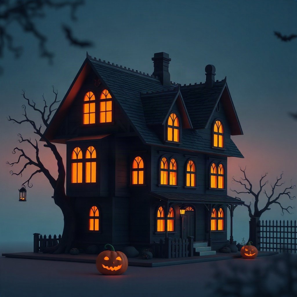 halloween pfp — spooky haunted house silhouette, soft 3d render, dusk blue and pumpkin orange