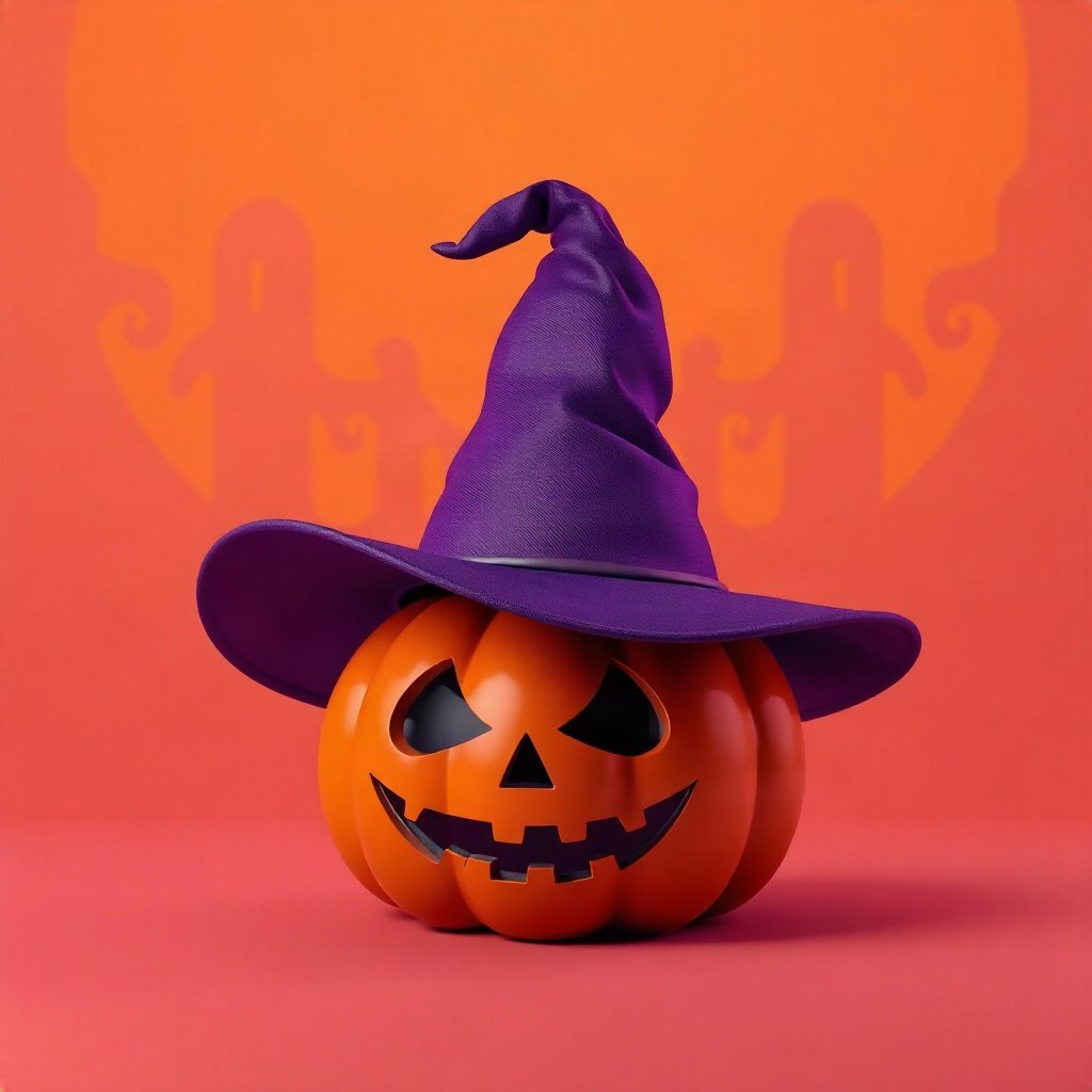 halloween pfp — witch hat on a pumpkin, soft 3d render, orange and deep purple palette
