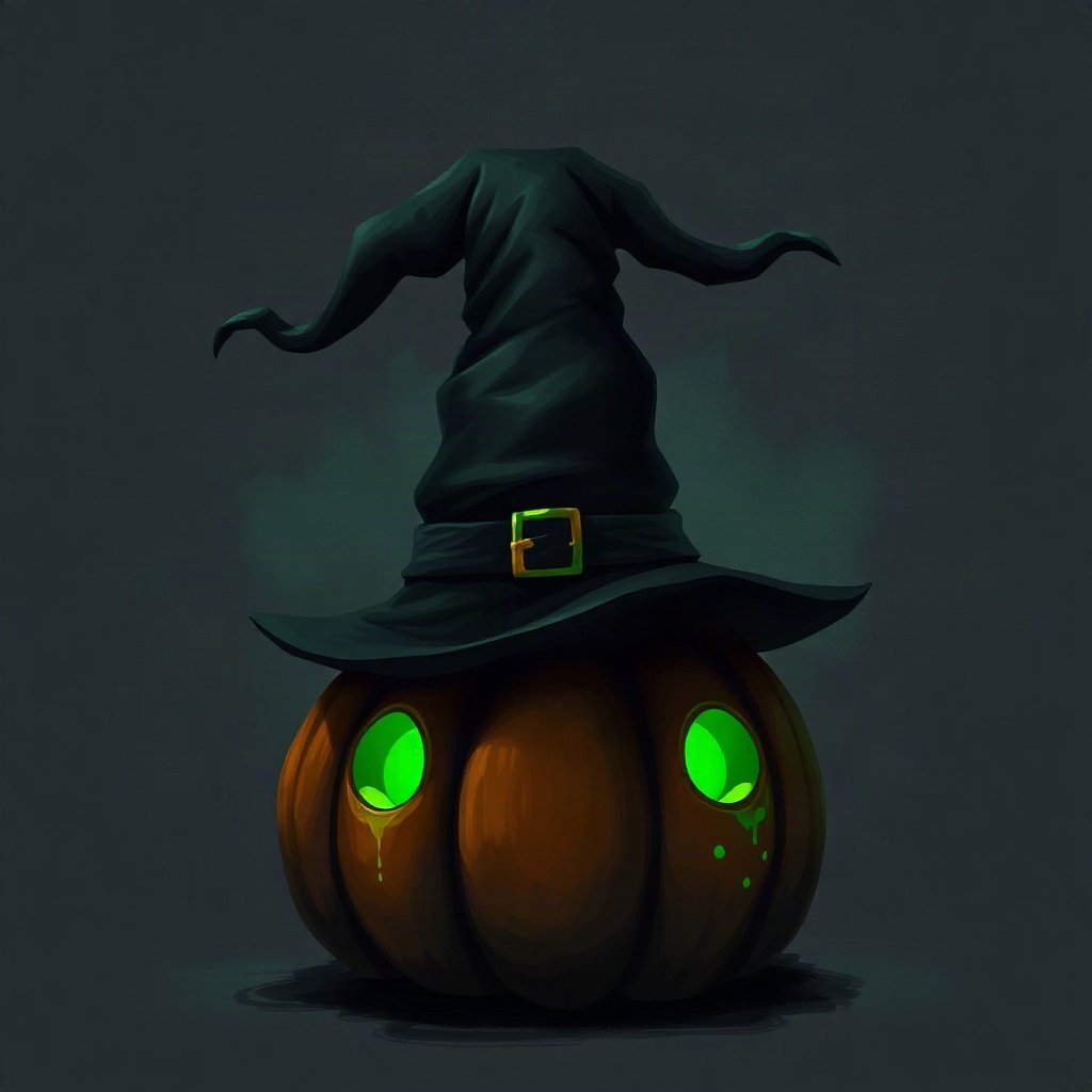 halloween pfp — witch hat on a pumpkin, moody digital painting, black and toxic green