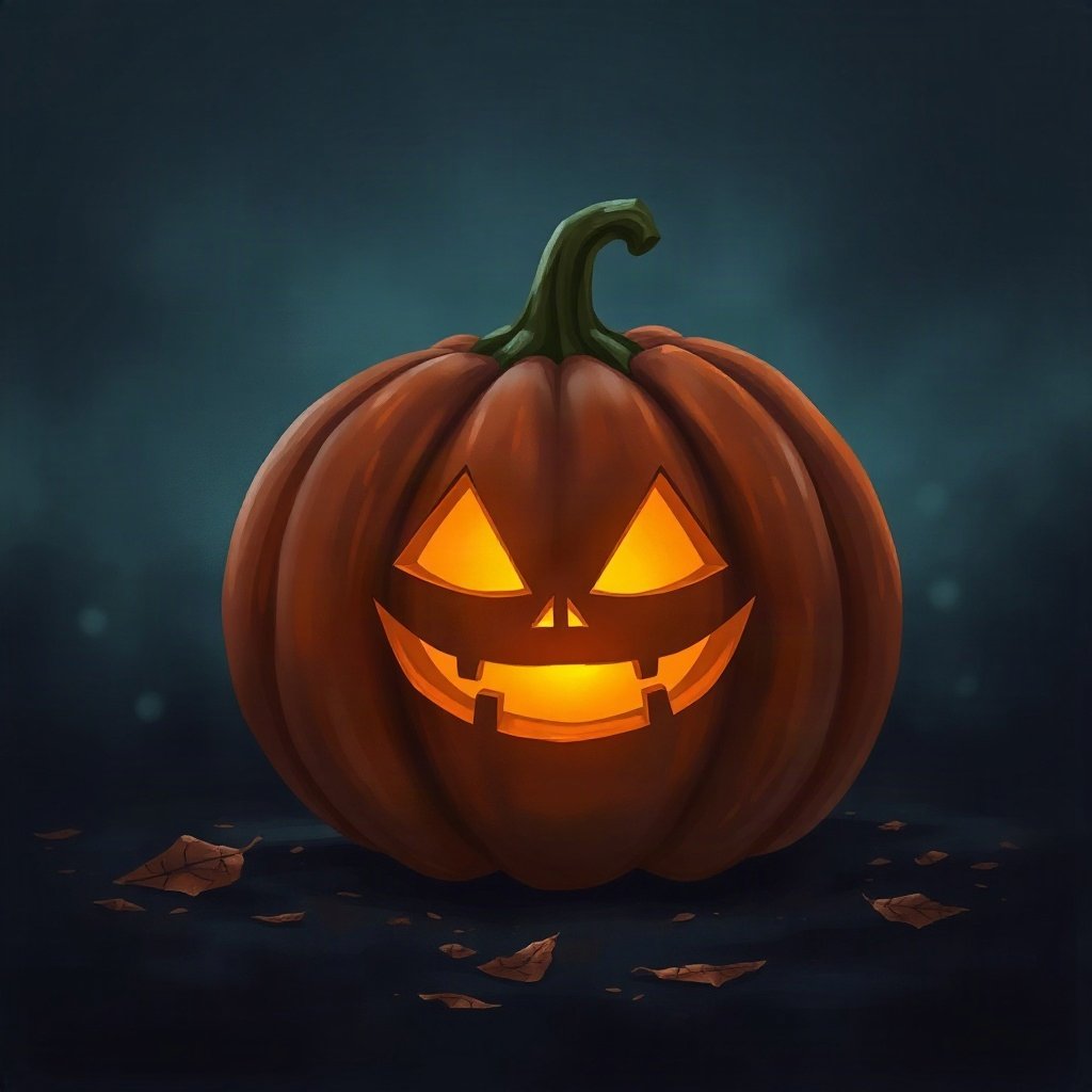 halloween pfp — cute carved pumpkin with glowing grin, moody digital painting, dusk blue and pumpkin orange