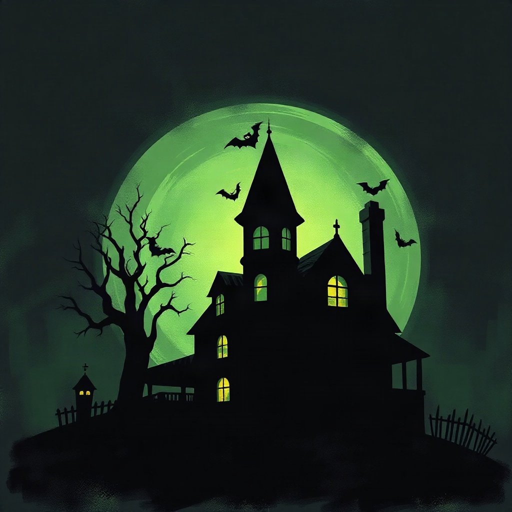 halloween pfp — spooky haunted house silhouette, moody digital painting, black and toxic green