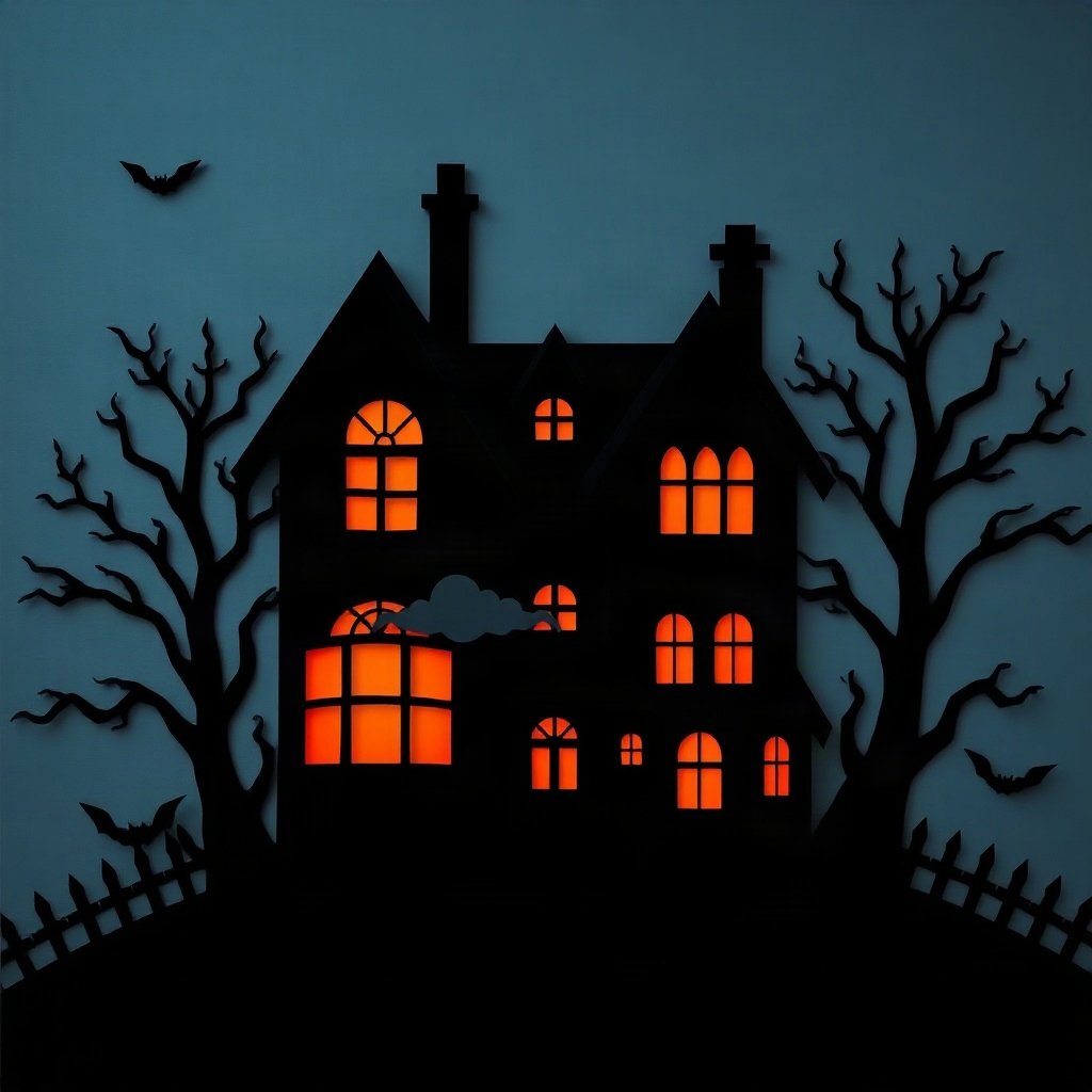 halloween pfp — spooky haunted house silhouette, paper-cut layered art style, dusk blue and pumpkin orange