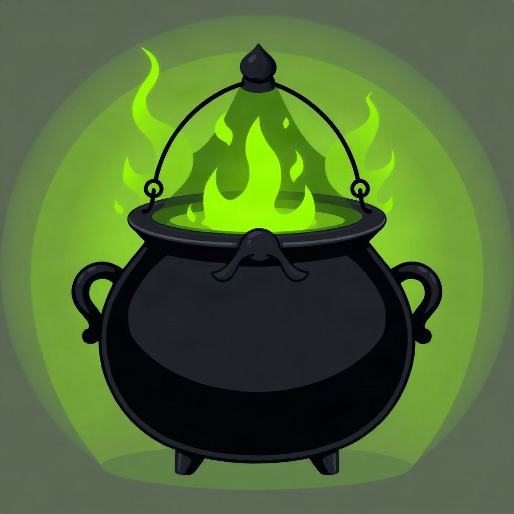 halloween pfp — cauldron with green glow, flat spooky-cute cartoon, black and toxic green