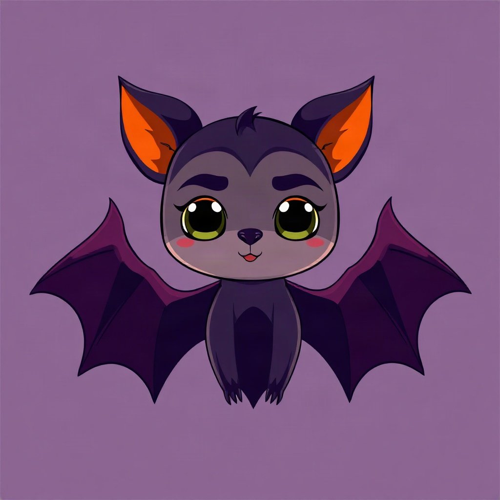 halloween pfp — cute vampire bat character, flat spooky-cute cartoon, orange and deep purple palette