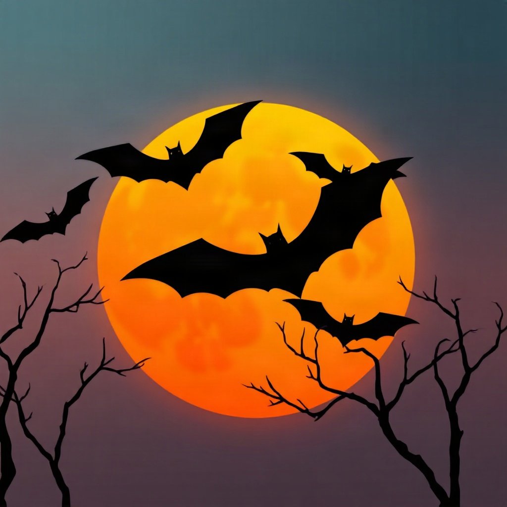 halloween pfp — bat silhouettes against orange moon, soft 3d render, dusk blue and pumpkin orange