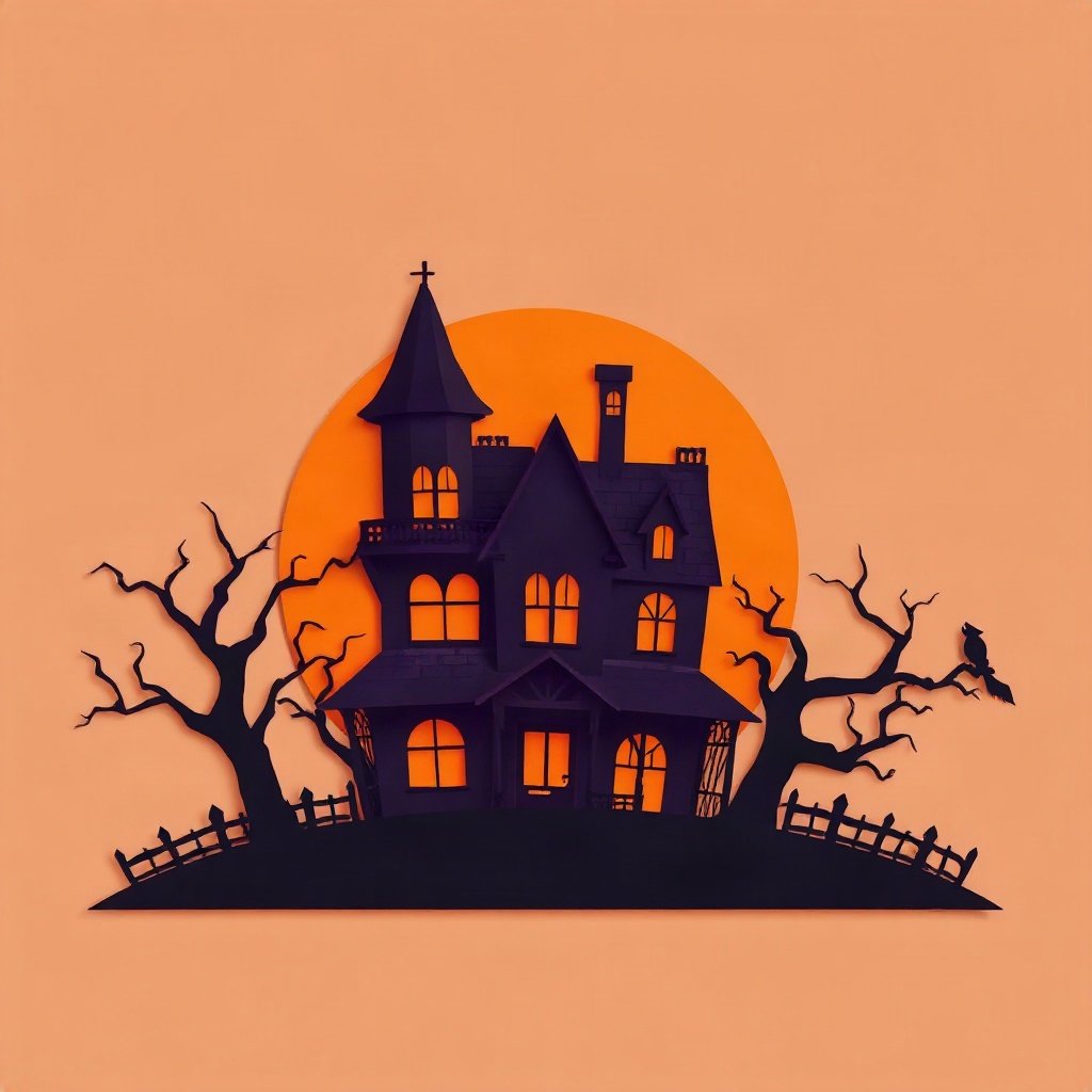 halloween pfp — spooky haunted house silhouette, paper-cut layered art style, orange and deep purple palette