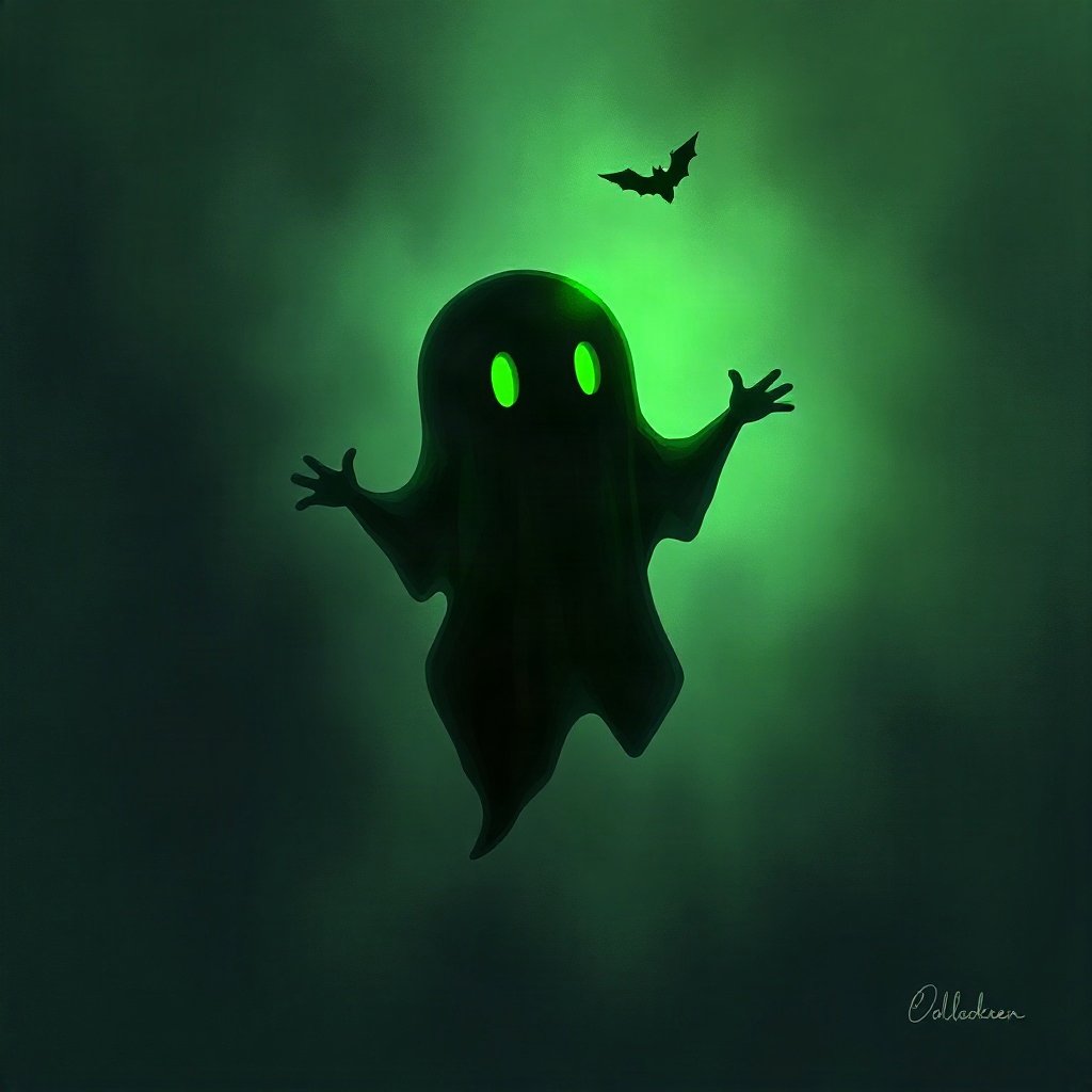 halloween pfp — friendly little ghost floating, moody digital painting, black and toxic green
