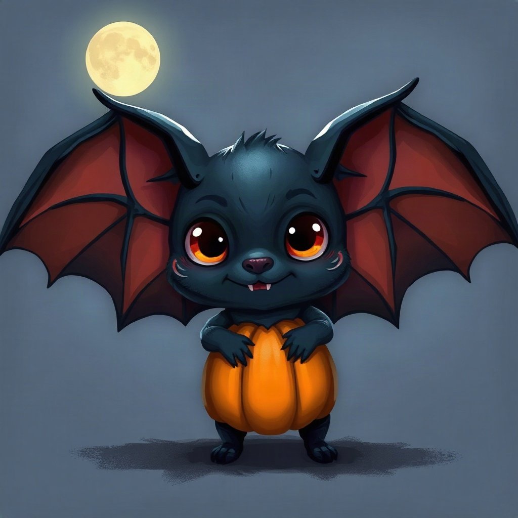 halloween pfp — cute vampire bat character, moody digital painting, dusk blue and pumpkin orange