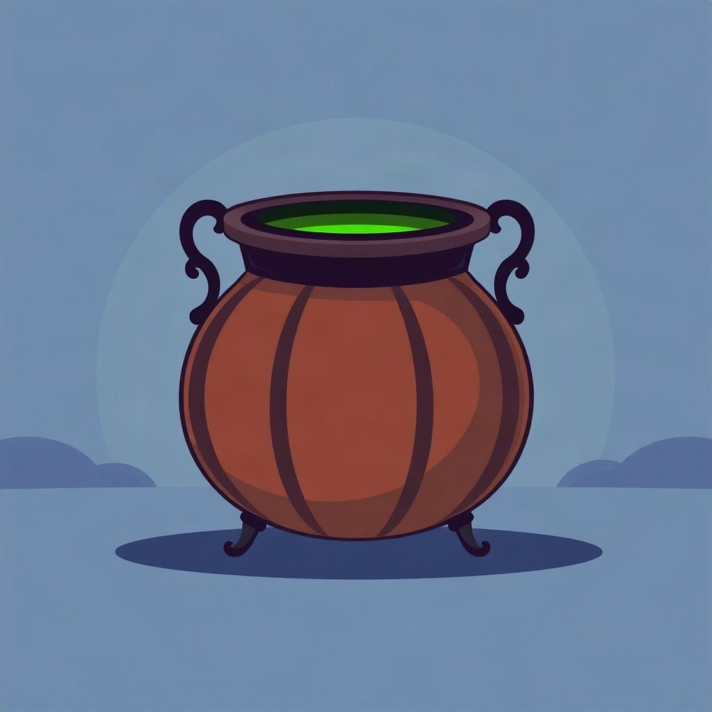 halloween pfp — cauldron with green glow, flat spooky-cute cartoon, dusk blue and pumpkin orange