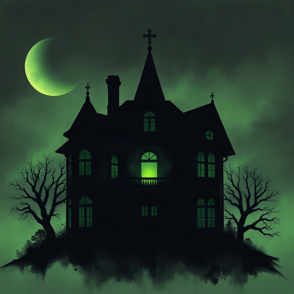 halloween pfp — spooky haunted house silhouette, moody digital painting, black and toxic green
