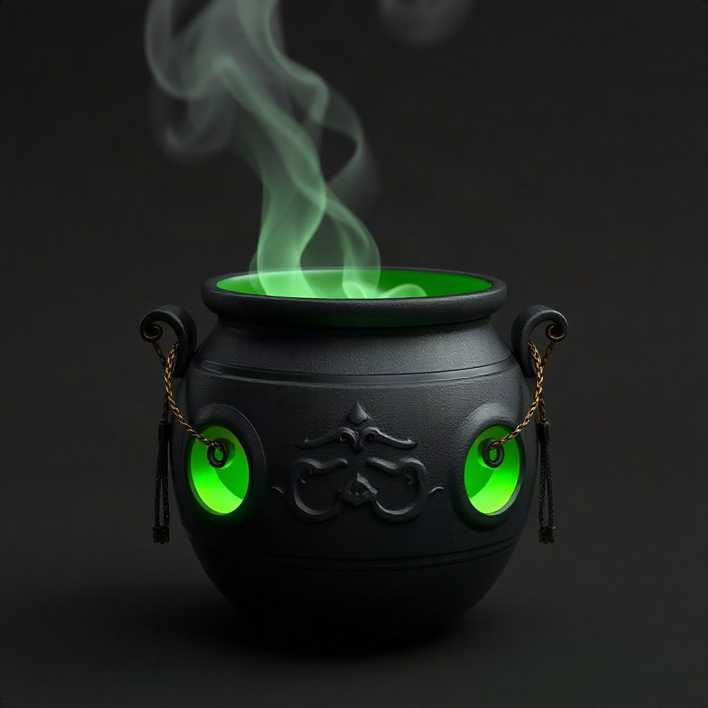 halloween pfp — cauldron with green glow, soft 3d render, monochrome with orange accent