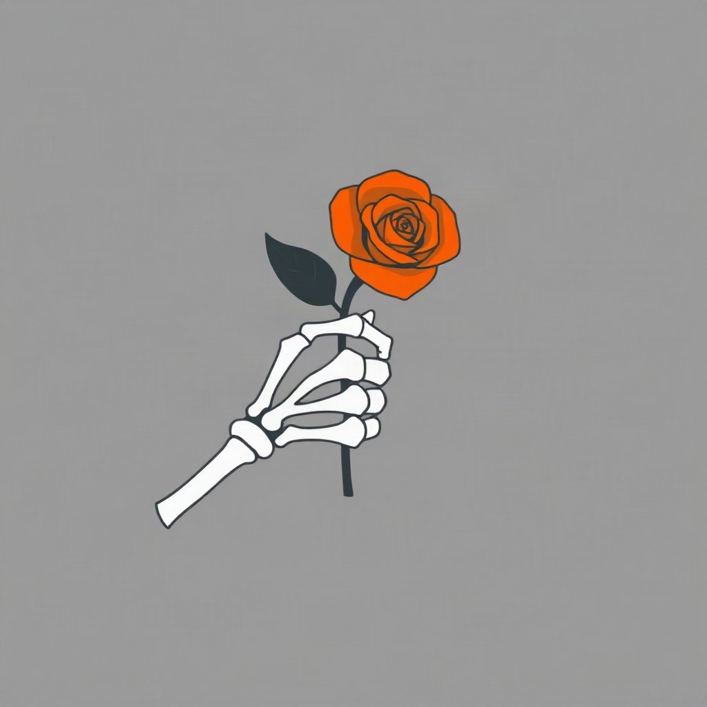 halloween pfp — skeleton hand holding a rose, flat spooky-cute cartoon, monochrome with orange accent