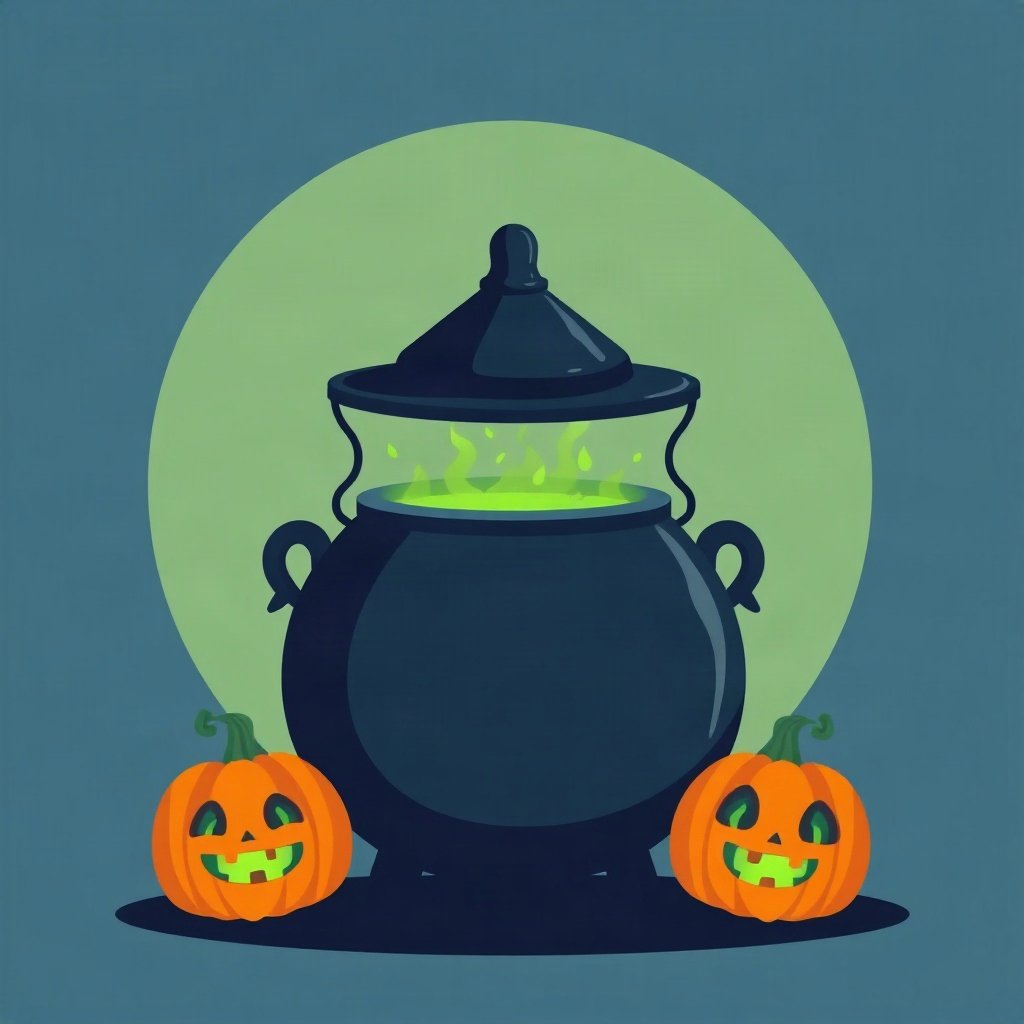 halloween pfp — cauldron with green glow, flat spooky-cute cartoon, dusk blue and pumpkin orange