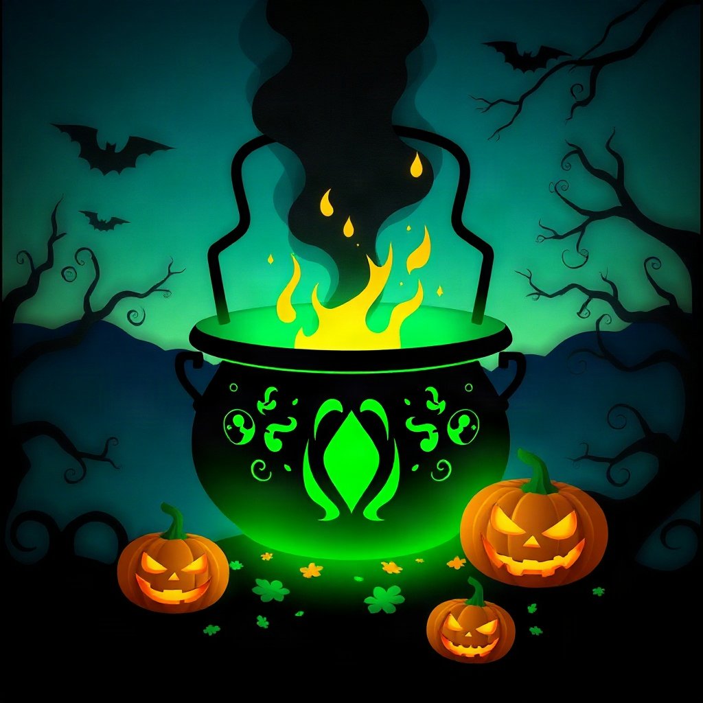 halloween pfp — cauldron with green glow, paper-cut layered art style, dusk blue and pumpkin orange