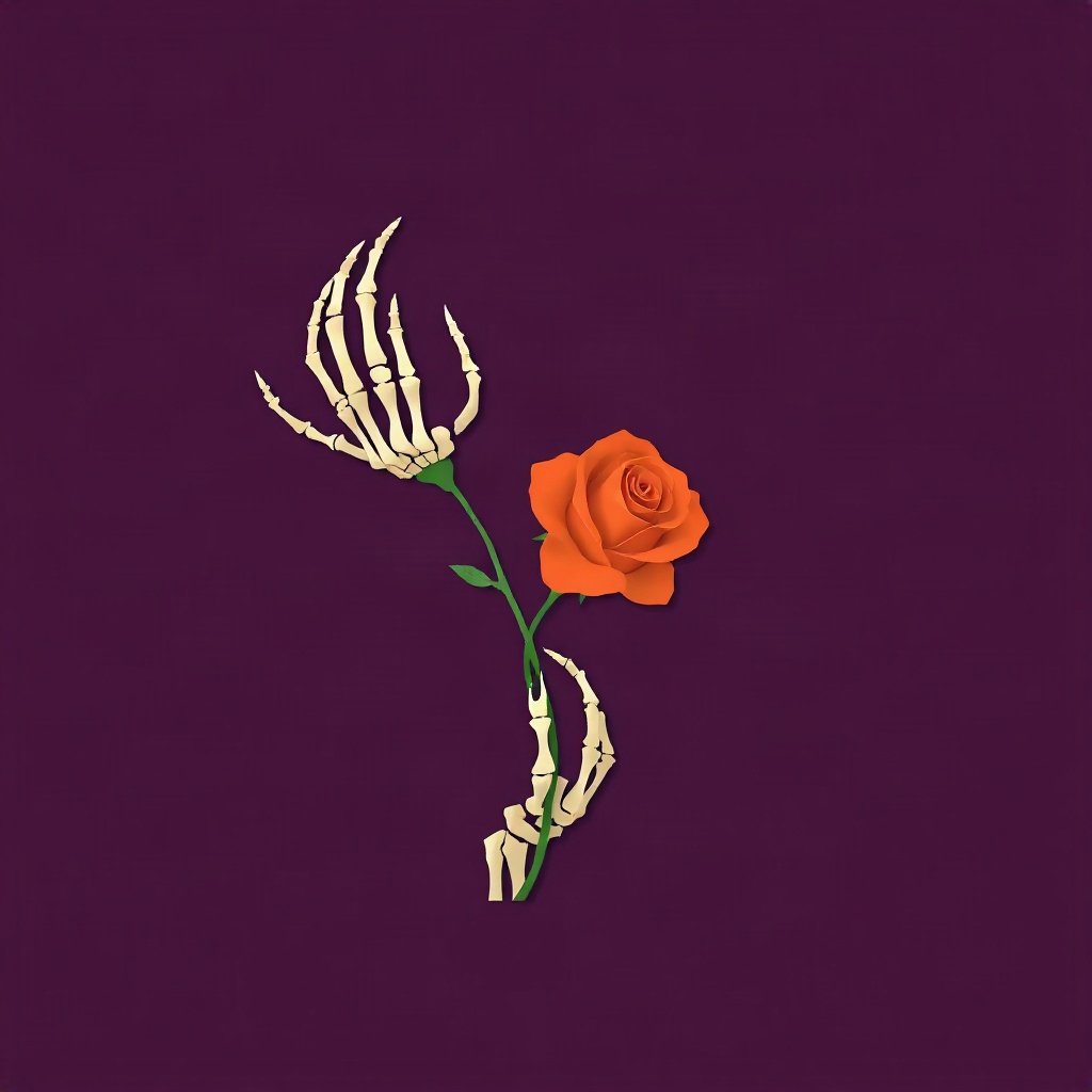 halloween pfp — skeleton hand holding a rose, paper-cut layered art style, orange and deep purple palette