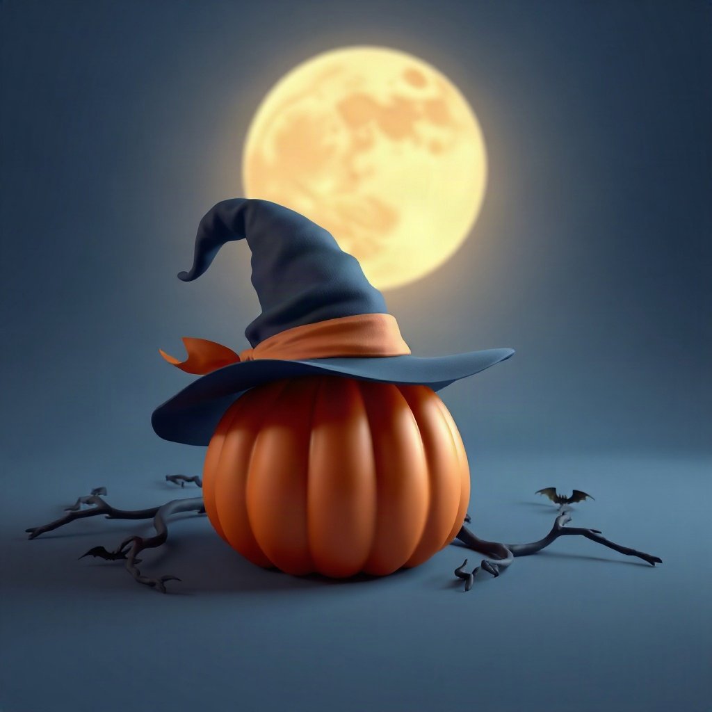 halloween pfp — witch hat on a pumpkin, soft 3d render, dusk blue and pumpkin orange