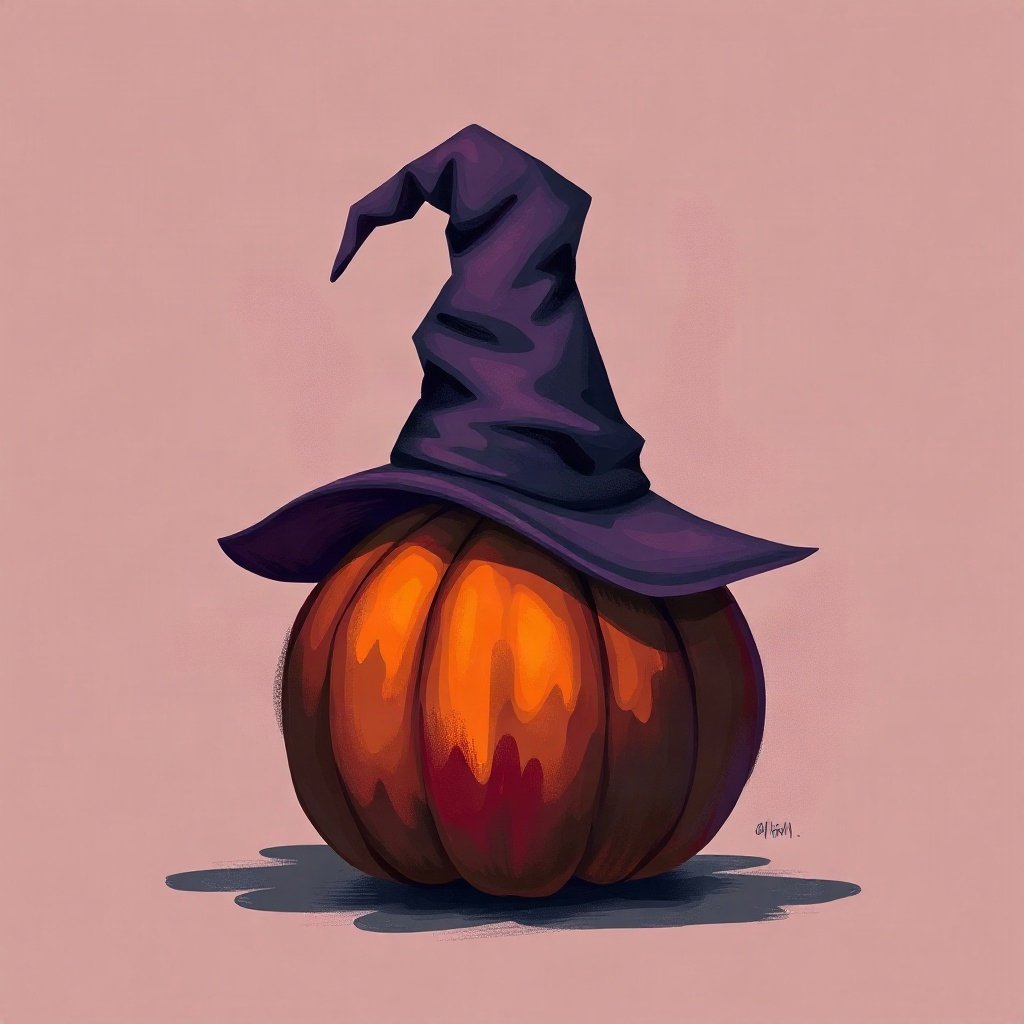 halloween pfp — witch hat on a pumpkin, moody digital painting, orange and deep purple palette