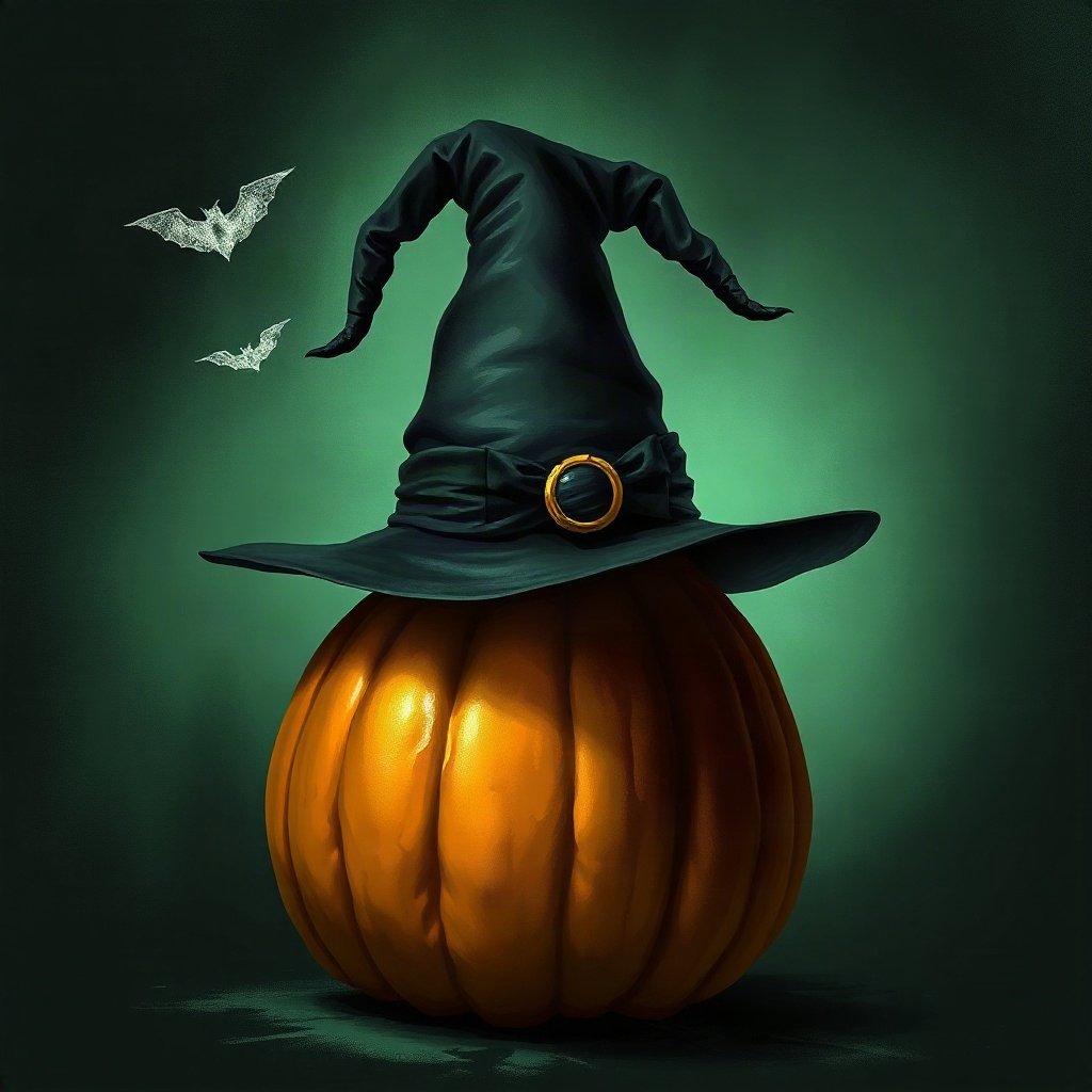 halloween pfp — witch hat on a pumpkin, moody digital painting, black and toxic green