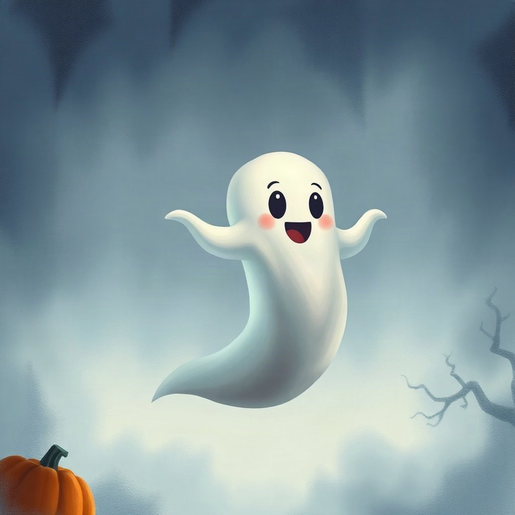 halloween pfp — friendly little ghost floating, moody digital painting, dusk blue and pumpkin orange
