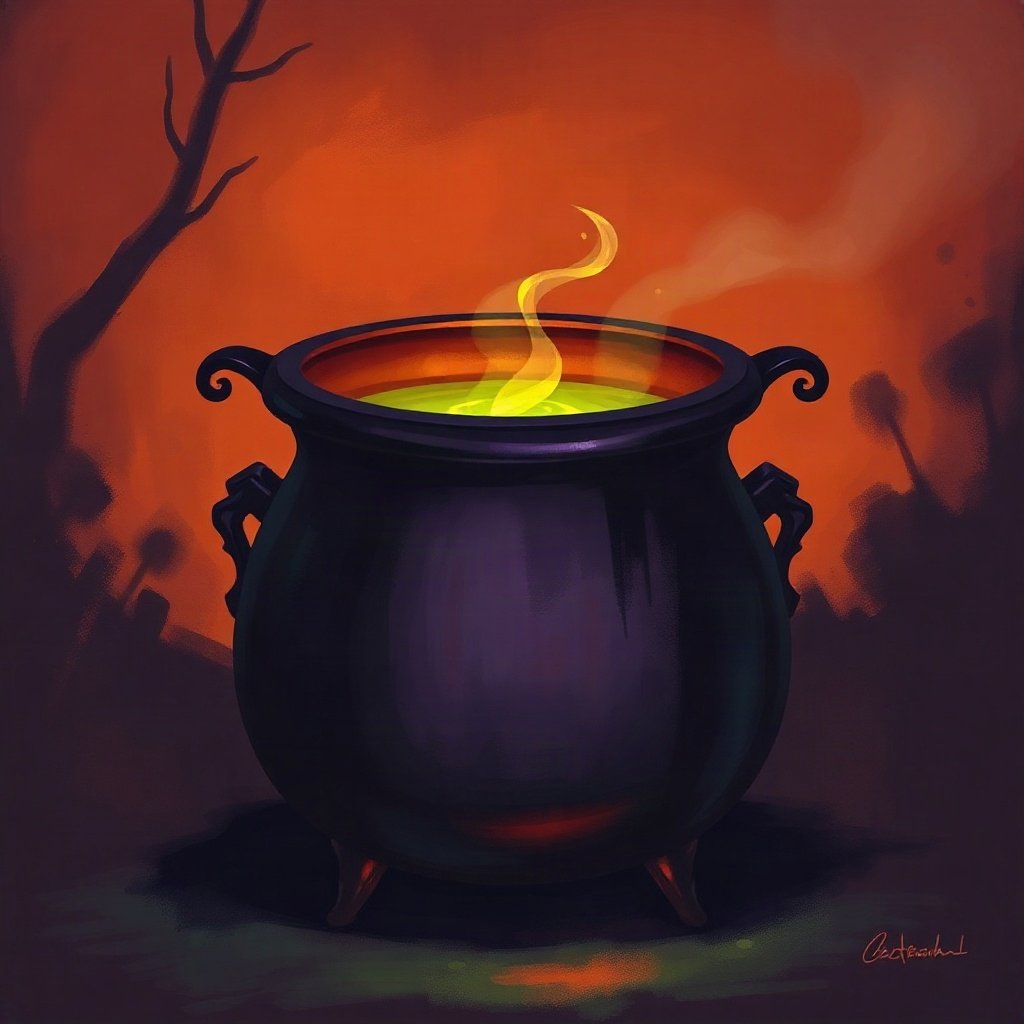 halloween pfp — cauldron with green glow, moody digital painting, orange and deep purple palette