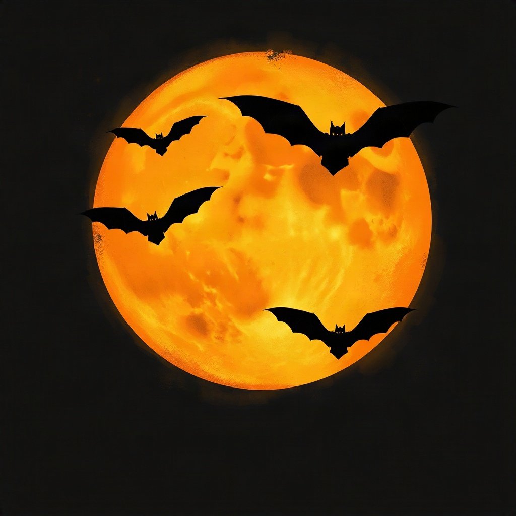 halloween pfp — bat silhouettes against orange moon, moody digital painting, monochrome with orange accent
