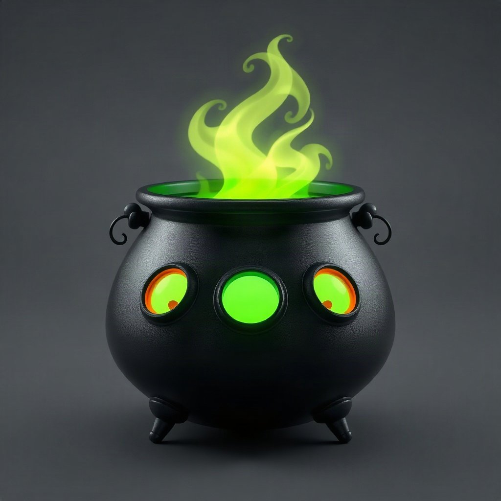 halloween pfp — cauldron with green glow, soft 3d render, monochrome with orange accent