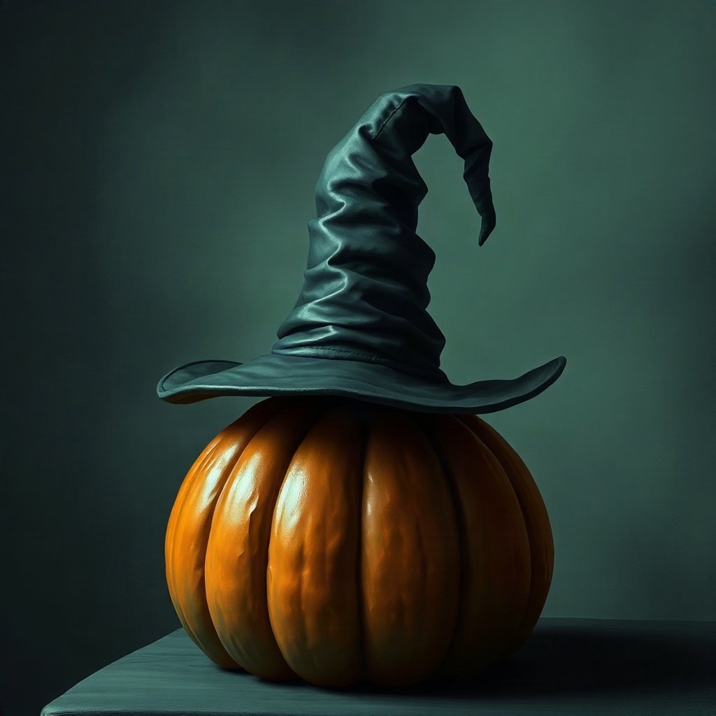 halloween pfp — witch hat on a pumpkin, moody digital painting, black and toxic green