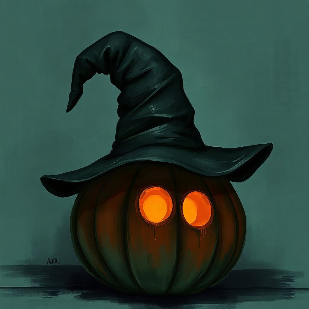 halloween pfp — witch hat on a pumpkin, moody digital painting, black and toxic green