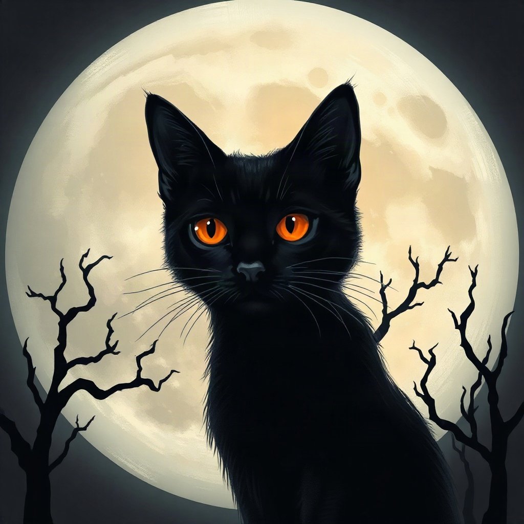 halloween pfp — black cat with big moon behind, moody digital painting, monochrome with orange accent