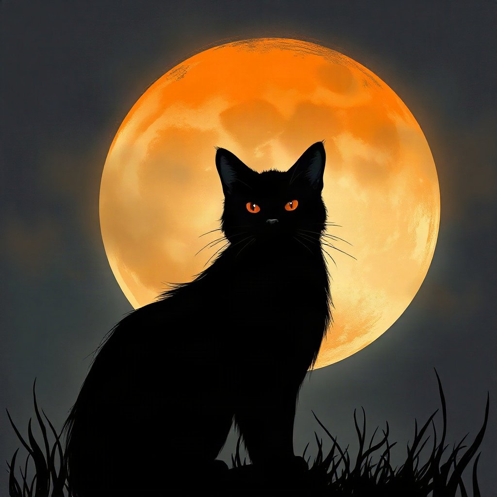 halloween pfp — black cat with big moon behind, moody digital painting, monochrome with orange accent