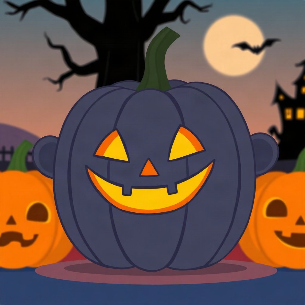 halloween pfp — cute carved pumpkin with glowing grin, flat spooky-cute cartoon, dusk blue and pumpkin orange