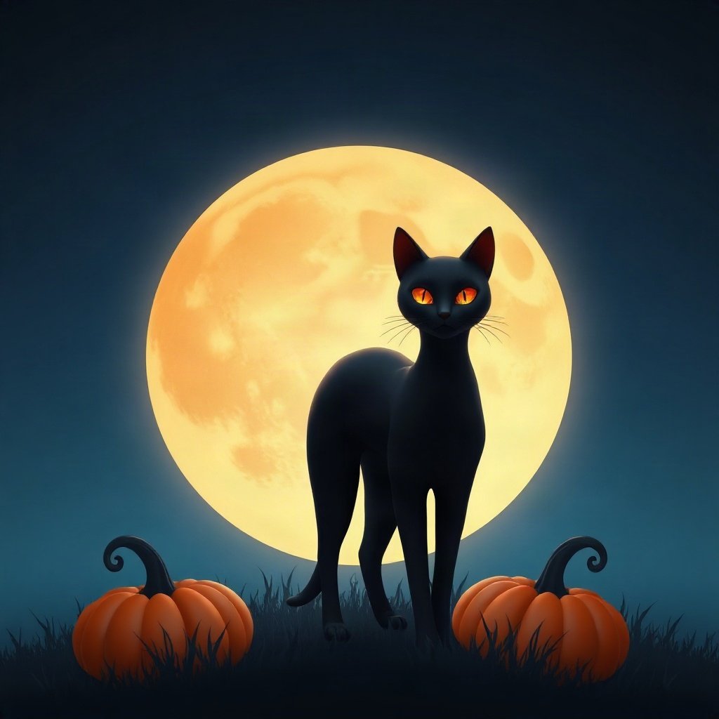 halloween pfp — black cat with big moon behind, soft 3d render, dusk blue and pumpkin orange