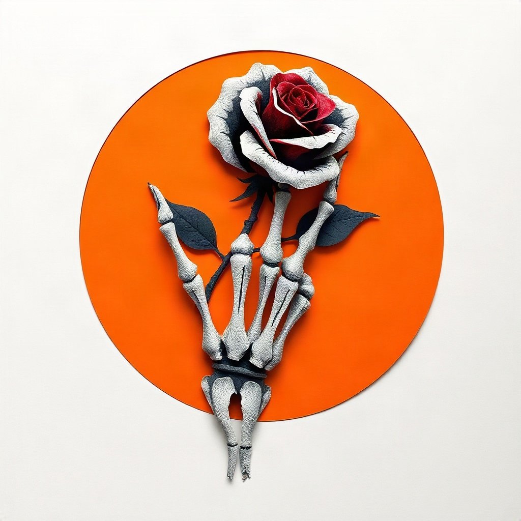 halloween pfp — skeleton hand holding a rose, paper-cut layered art style, monochrome with orange accent