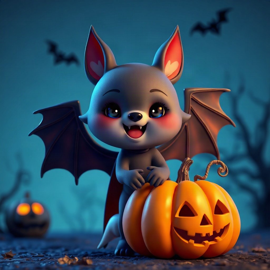 halloween pfp — cute vampire bat character, soft 3d render, dusk blue and pumpkin orange